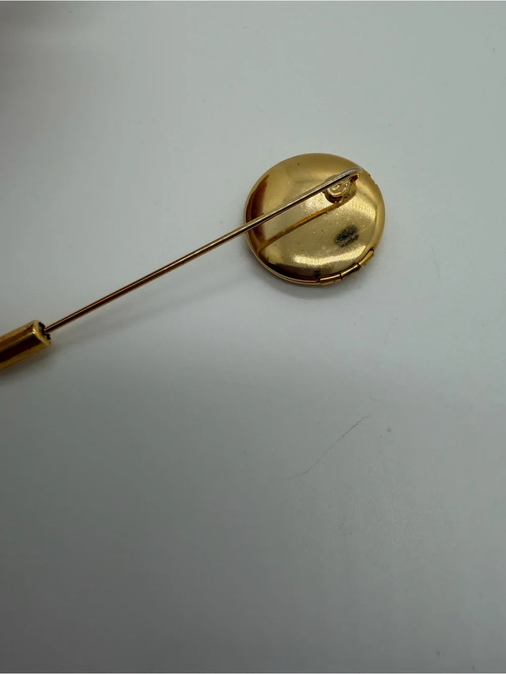 Gold tone etched floral locket hat pin